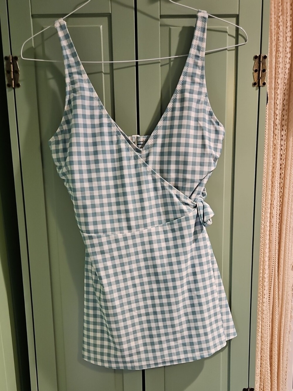 Old Navy Green and White Gingham Wrap One-Piece Swimsuit